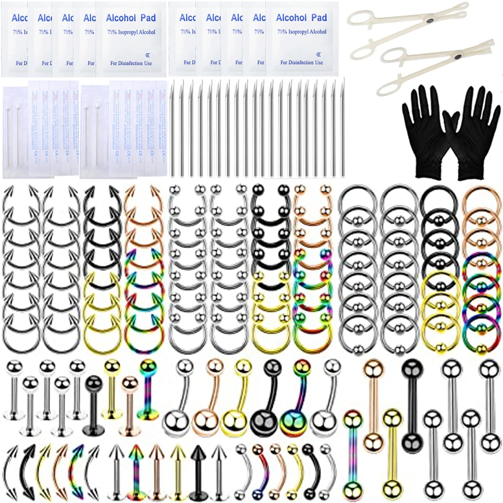 179 Pcs Body Piercing Set Nose Septum Ear Cartilage Lip Belly Navel Tragus Eyebrow Barbell Spike Tools Needles Gloves Clamps
179 Pcs Body Piercing Set Nose Septum Ear Cartilage Lip Belly Navel Tragus Eyebrow Barbell Spike Tools Needles Gloves Clamps