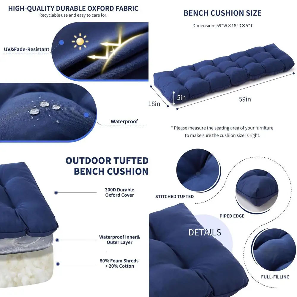Темно-синяя водонепроницаемая тафтинговая подушка для уличной скамейки 59x18x5 дюймов, устойчивая к выцветанию для патио и использования в помещении
Темно-синяя водонепроницаемая тафтинговая подушка для уличной скамейки 59x18x5 дюймов, устойчивая к выцветанию для патио и использования в помещении