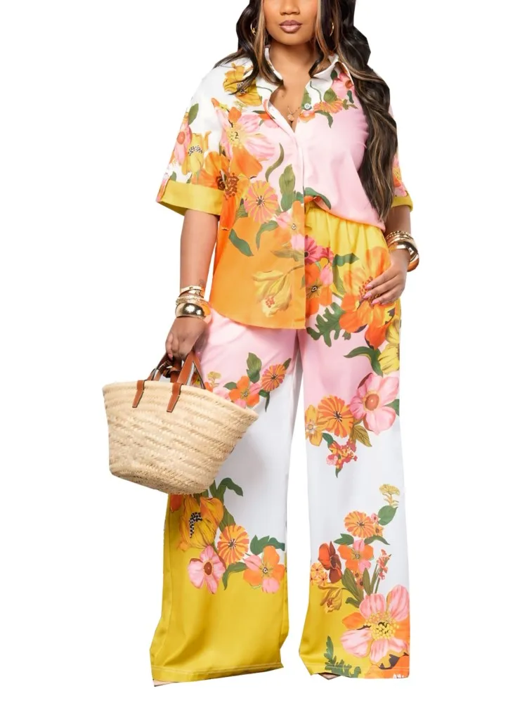 Women Fashion Floral Printed Pant Sets Half Sleeve Blouse Shirt And Wide Leg Pants 2025 Summer Two 2 Piece Set Outfits Tracksuit
Women Fashion Floral Printed Pant Sets Half Sleeve Blouse Shirt And Wide Leg Pants 2025 Summer Two 2 Piece Set Outfits Tracksuit