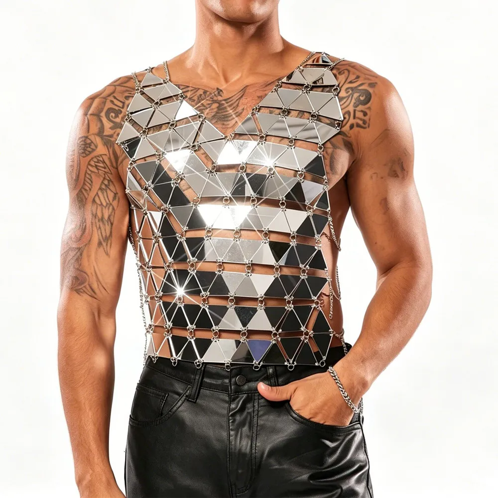 Men Sexy Hollow Acrylic Triangular Mirror Splicing Vest Night Club Disco Silver Body Chain Tank Top Festival Party Show Costume
Men Sexy Hollow Acrylic Triangular Mirror Splicing Vest Night Club Disco Silver Body Chain Tank Top Festival Party Show Costume