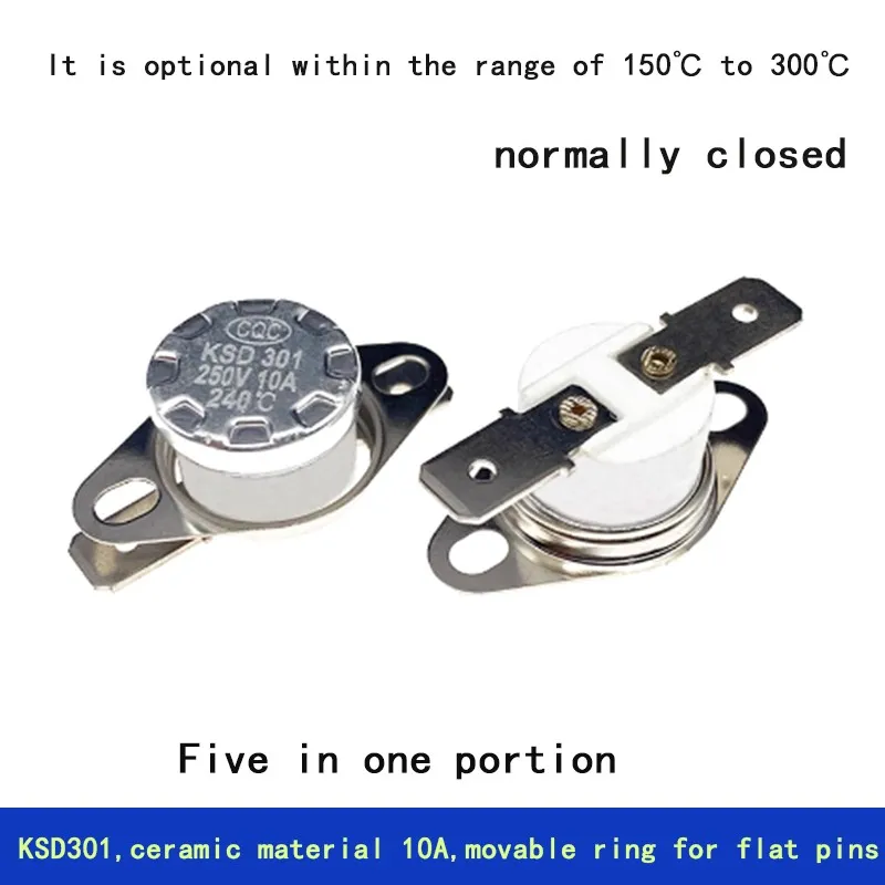5PCS Temperature control switch KSD301, 150℃ - 300℃, normally closed, flat - foot movable ring, ceramic, 10A, 250V.
5PCS Temperature control switch KSD301, 150℃ - 300℃, normally closed, flat - foot movable ring, ceramic, 10A, 250V.