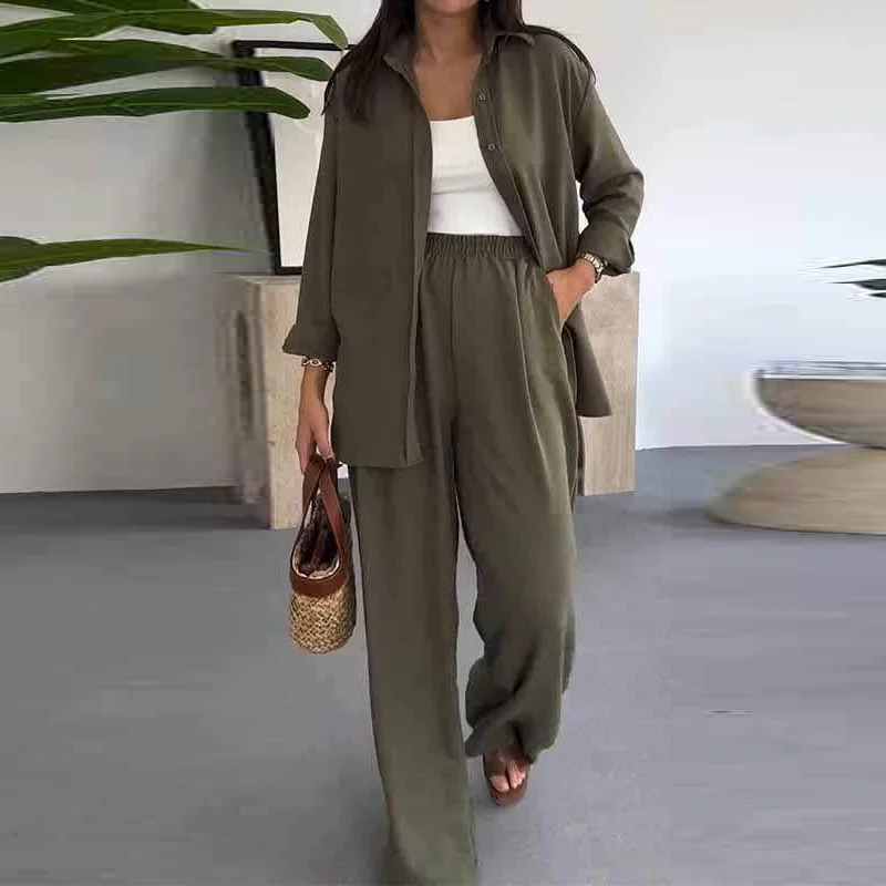 Spring Summer New Solid Color Commute 2 Piece Women Leisure Long Sleeve Shirts Wide Leg Pants Matching Set Chic Lapel Button Set
Spring Summer New Solid Color Commute 2 Piece Women Leisure Long Sleeve Shirts Wide Leg Pants Matching Set Chic Lapel Button Set