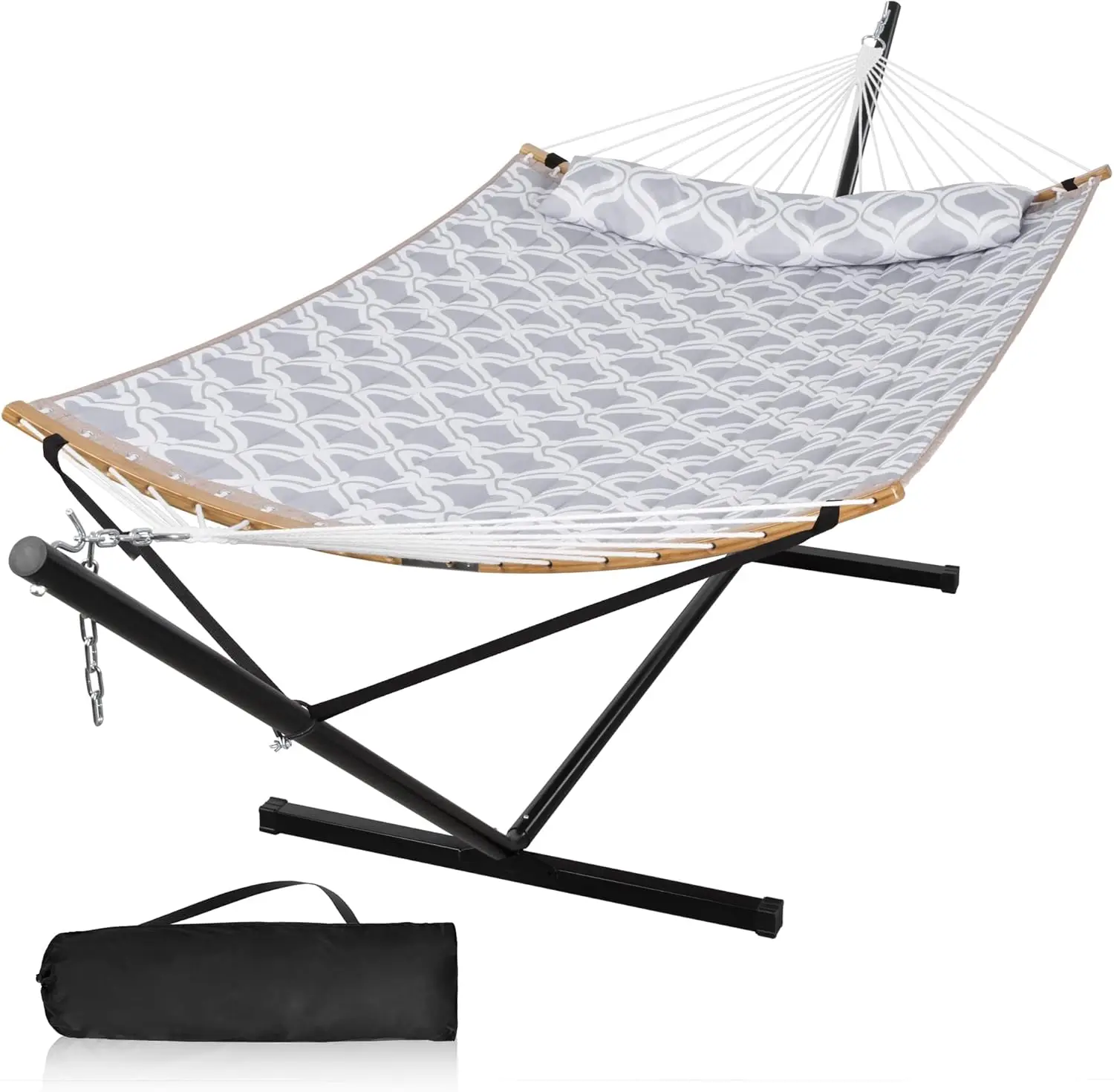 Spacious Freestanding Hammock with 12FT Steel Frame, Curved Spreader Bar, Pillow, and Travel Bag for Outdoor Use, Gray Ripples Pattern
Spacious Freestanding Hammock with 12FT Steel Frame, Curved Spreader Bar, Pillow, and Travel Bag for Outdoor Use, Gray Ripples Pattern