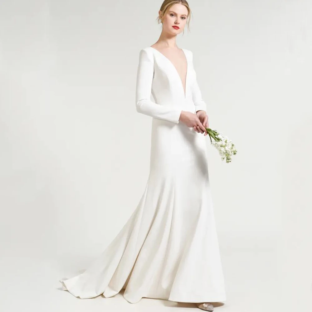 Simple Jersey Mermaid Wedding Dress Sexy Deep V-Neck and Backless Bridal Long Sleeves Floor Length With Sweep Train Gowns
Simple Jersey Mermaid Wedding Dress Sexy Deep V-Neck and Backless Bridal Long Sleeves Floor Length With Sweep Train Gowns