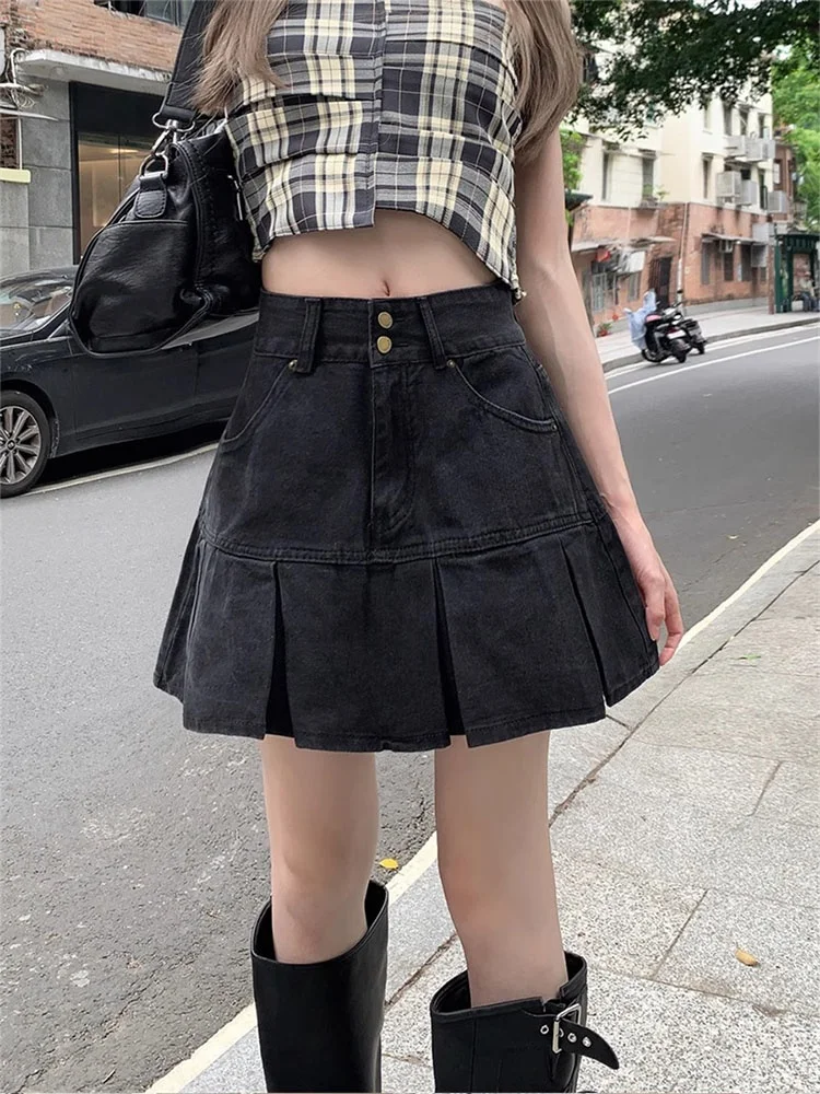 Плиссированная джинсовая юбка с высокой талией, женская свободная юбка трапециевидной формы, брюки, корейская сложенная юбка с высокой талией
Плиссированная джинсовая юбка с высокой талией, женская свободная юбка трапециевидной формы, брюки, корейская сложенная юбка с высокой талией