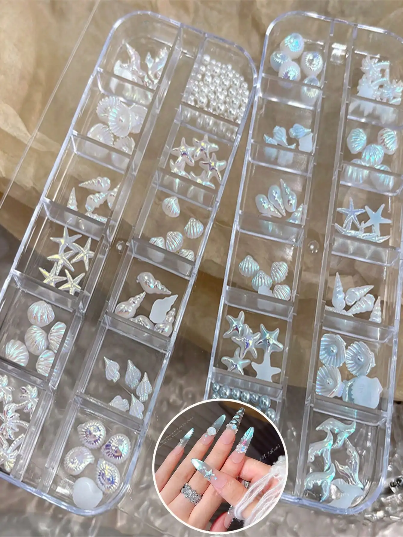 12-Grid 3D Aurora Ocean Nail Decor Set: Seashells, Starfish, Conches, Palm Trees, Mermaid Tails & Silver Beads. Shiny AB Resin. For Acrylic Nails, Phone Cases, Resin Crafts, Jewelry & Summer Manicure. For Salons & DIY.
12-Grid 3D Aurora Ocean Nail Decor Set: Seashells, Starfish, Conches, Palm Trees, Mermaid Tails & Silver Beads. Shiny AB Resin. For Acrylic Nails, Phone Cases, Resin Crafts, Jewelry & Summer Manicure. For Salons & DIY.