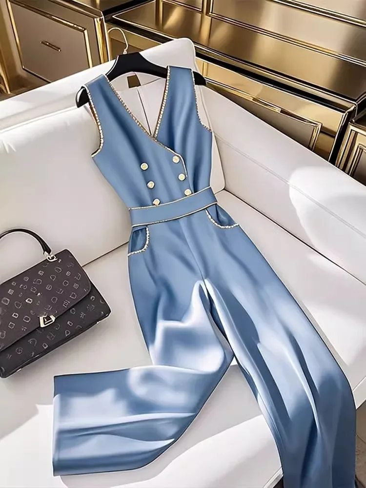 Frence Style Double-breasted V-neck Blue Satin Jumpsuit Sweet Office Lady Vintage Summer Jumpsuits Wide Leg Pants Elegant Female
Frence Style Double-breasted V-neck Blue Satin Jumpsuit Sweet Office Lady Vintage Summer Jumpsuits Wide Leg Pants Elegant Female