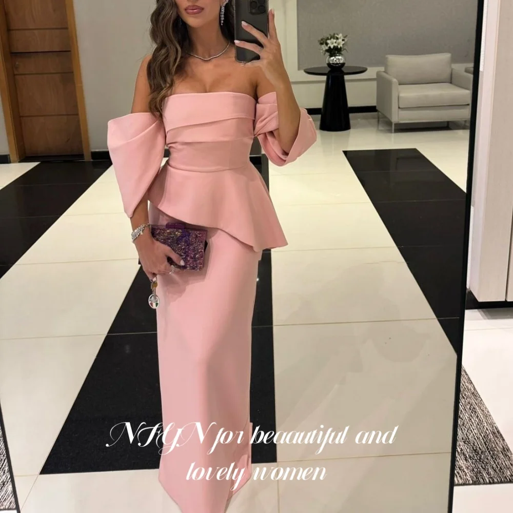 NFYN Simple Pink Elegant Formal Gowns Satin Off the Shoulder Prom Dress Pleat Ruched Trumpet Evening Dress حزب فساتين Customized
NFYN Simple Pink Elegant Formal Gowns Satin Off the Shoulder Prom Dress Pleat Ruched Trumpet Evening Dress حزب فساتين Customized
