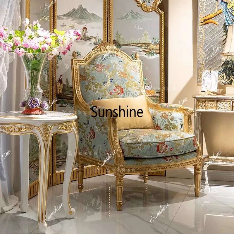 French romantic solid wood gold single sofa European carved villa leisure chair
French romantic solid wood gold single sofa European carved villa leisure chair