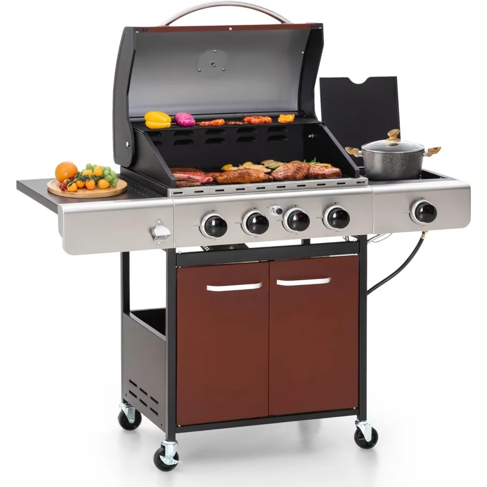 Gas BBQ Grill with Porcelain-Enameled Cast Iron Grates,4 Burners and 1 side burner for Outdoor and Patio Backyard Barbecue Cook
Gas BBQ Grill with Porcelain-Enameled Cast Iron Grates,4 Burners and 1 side burner for Outdoor and Patio Backyard Barbecue Cook