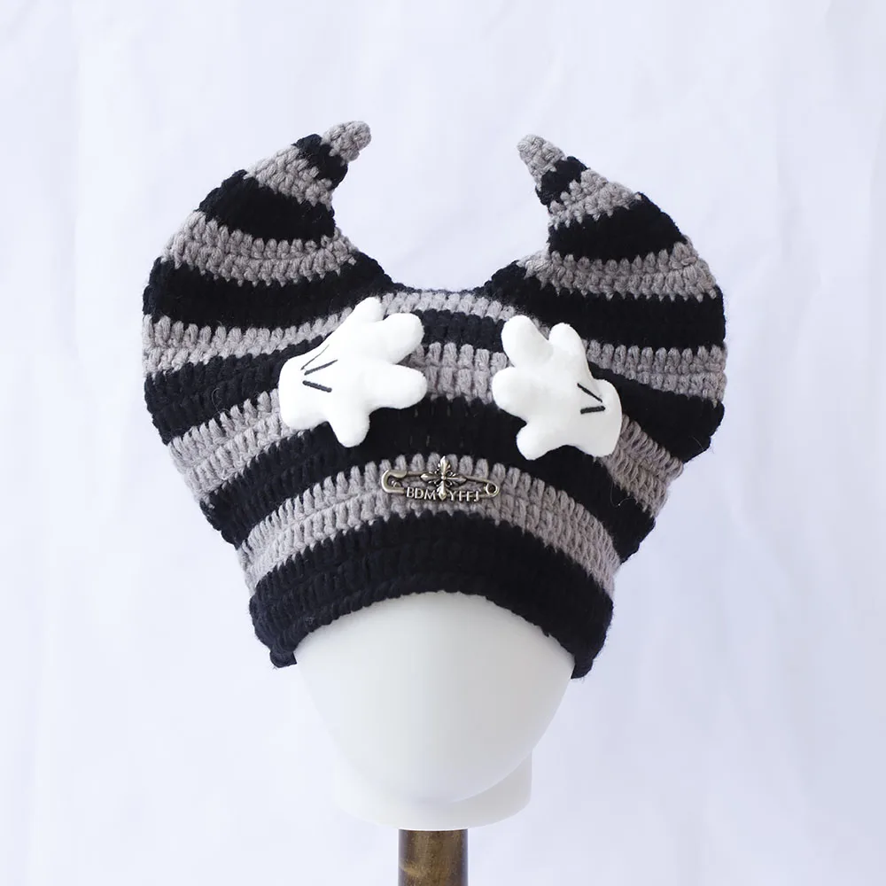 Cute demon Ears Beanie Hats for Women Winter Striped Korean Punk Gothic Y2K Wool Knitted Streetwear Handmade Crochet Bucket Cap
Cute demon Ears Beanie Hats for Women Winter Striped Korean Punk Gothic Y2K Wool Knitted Streetwear Handmade Crochet Bucket Cap