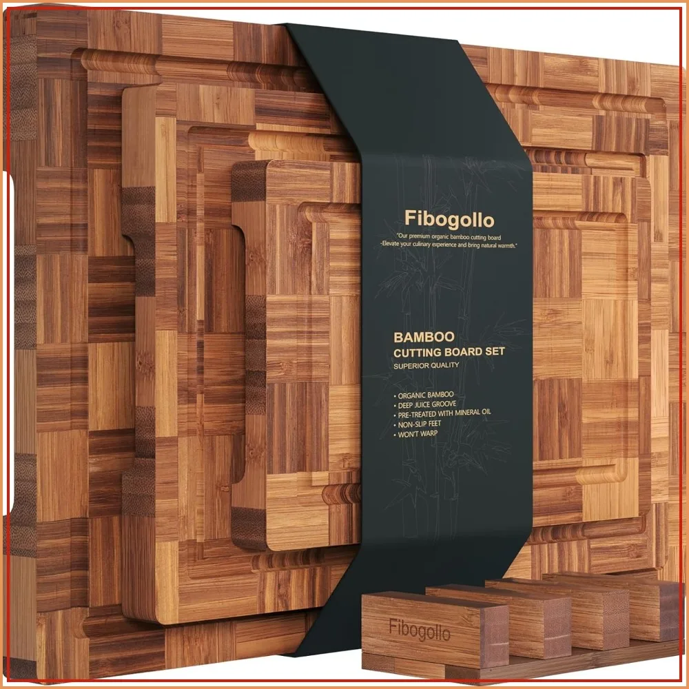 Bamboo Cutting Boards for Kitchen, 3-Piece Chopping Board Set with Juice Groove, End Grain Butcher Block, Serving Board with Holder
Bamboo Cutting Boards for Kitchen, 3-Piece Chopping Board Set with Juice Groove, End Grain Butcher Block, Serving Board with Holder