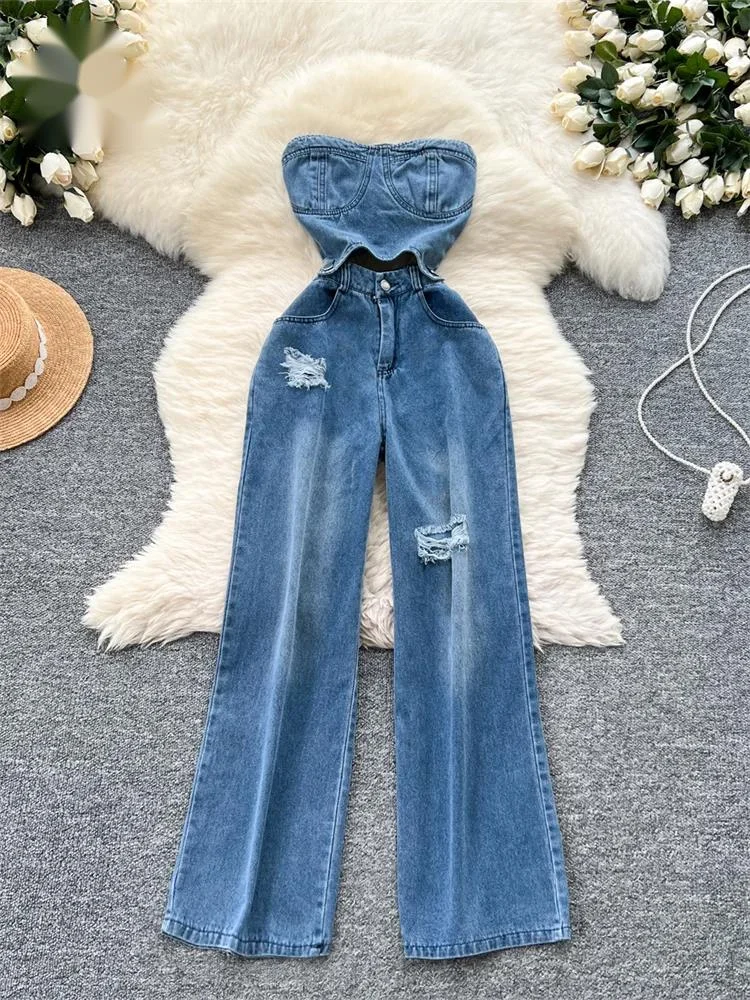 Women Strapless Denim Jumpsuits Hollow Out Design Pleated Slim High Quality Streetwear Fashion Casual Long Playsuits
Women Strapless Denim Jumpsuits Hollow Out Design Pleated Slim High Quality Streetwear Fashion Casual Long Playsuits