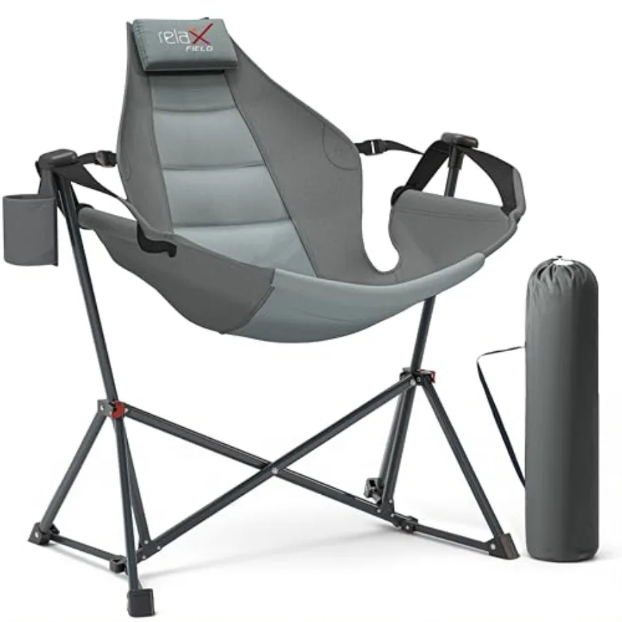 Outdoor camping hammock chair with heavy-duty steel frame grey fabric adjustable backrest 350 lbs capacity includes pillow and
Outdoor camping hammock chair with heavy-duty steel frame grey fabric adjustable backrest 350 lbs capacity includes pillow and
