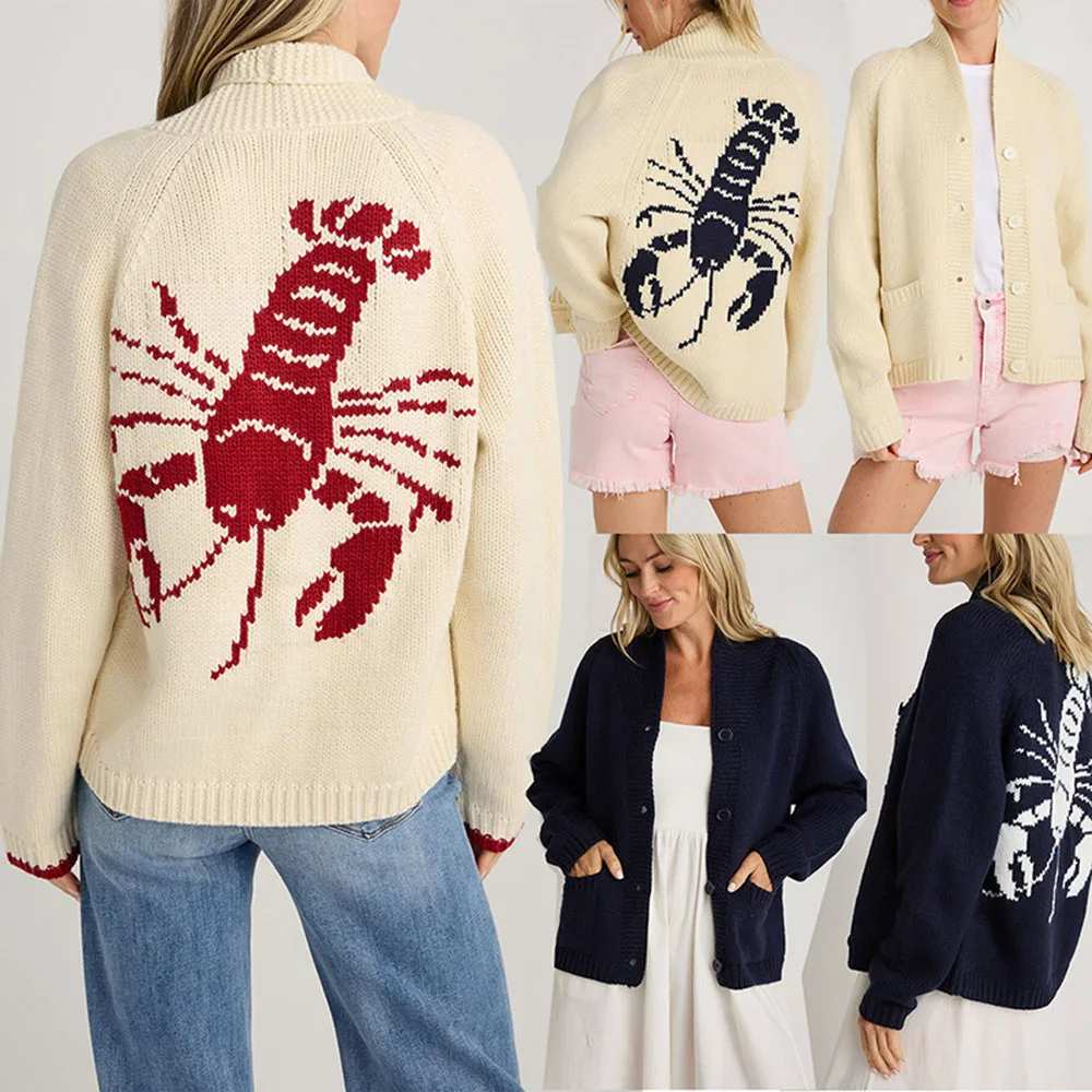Hot Sale Lobster Pattern Women Cardigan Single Breasted Knit Top Casual Style Sweater Coat Daily Loose Outwear For Ladies
Hot Sale Lobster Pattern Women Cardigan Single Breasted Knit Top Casual Style Sweater Coat Daily Loose Outwear For Ladies