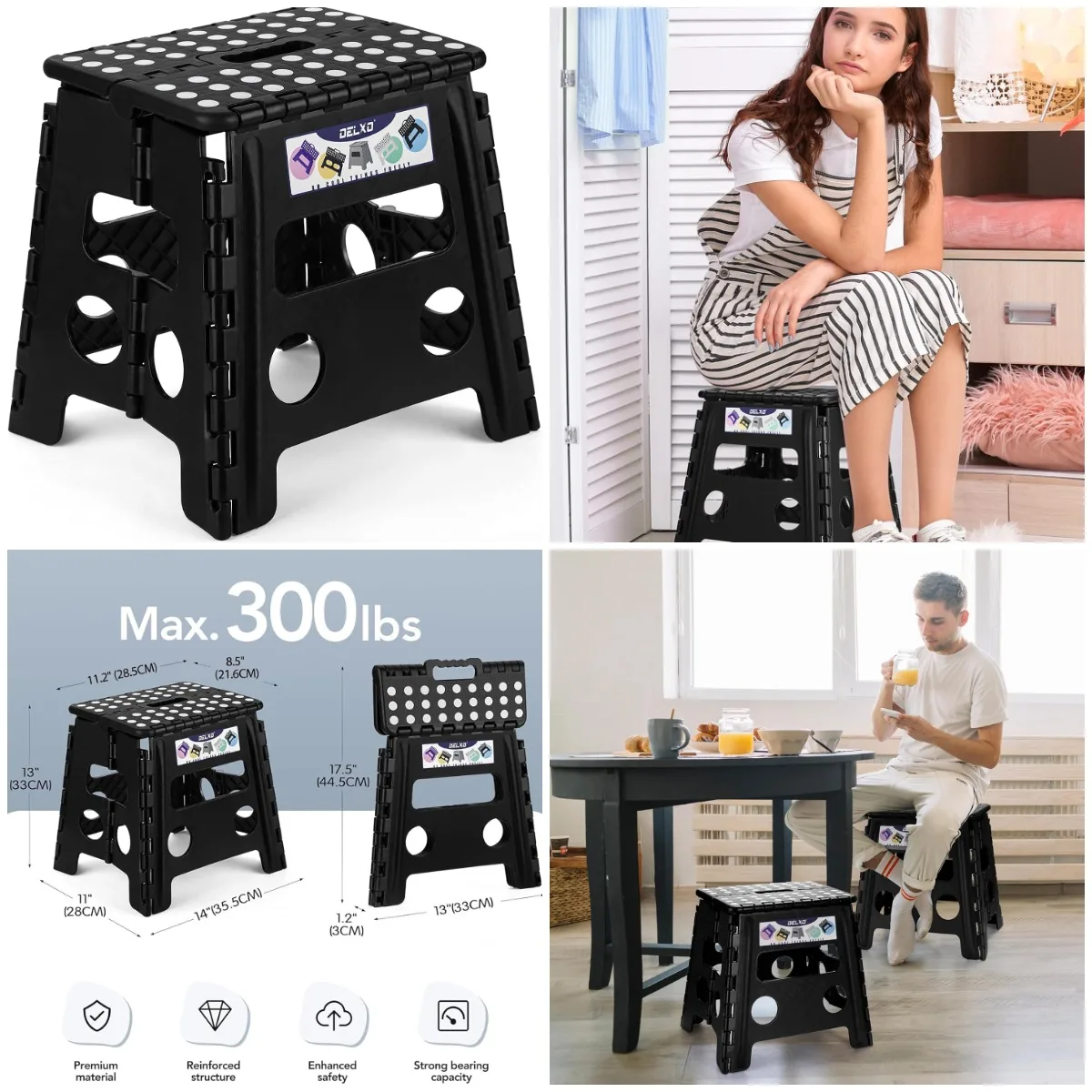 Folding Step Stool, 13' Non-Slip, Up to 300 LBS, Lightweight with Handle, Black, 1PC
Folding Step Stool, 13' Non-Slip, Up to 300 LBS, Lightweight with Handle, Black, 1PC