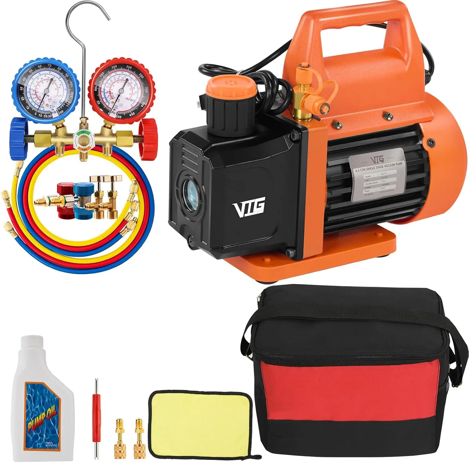 4.5 CFM AC Vacuum Pump and Gauge Set,for Mini Split/HVAC/Auto Systems,Manifold Gauge Kit Compatible with R134a R12 R22
4.5 CFM AC Vacuum Pump and Gauge Set,for Mini Split/HVAC/Auto Systems,Manifold Gauge Kit Compatible with R134a R12 R22