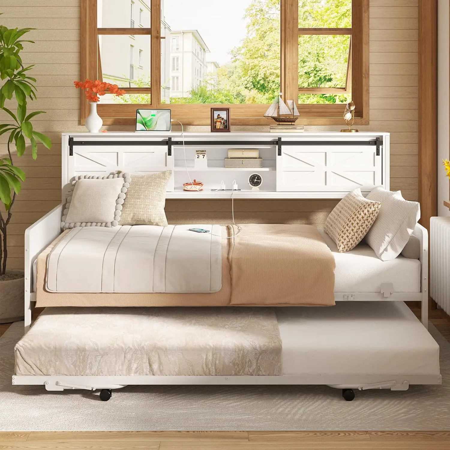 Farmhouse Twin Daybed with Pop Up Trundle Metal Trundle Bed Frame with Bookcase Headboard Charging Station Barn Door Storage
Farmhouse Twin Daybed with Pop Up Trundle Metal Trundle Bed Frame with Bookcase Headboard Charging Station Barn Door Storage