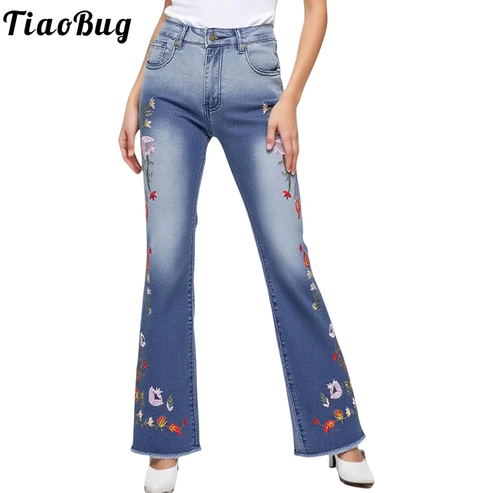 Women Exquisite Floral Embroidery Flared Jeans Stylish Bell Bottom with Raw Hem Denim Pants Trousers for Office Daily Outings
Women Exquisite Floral Embroidery Flared Jeans Stylish Bell Bottom with Raw Hem Denim Pants Trousers for Office Daily Outings