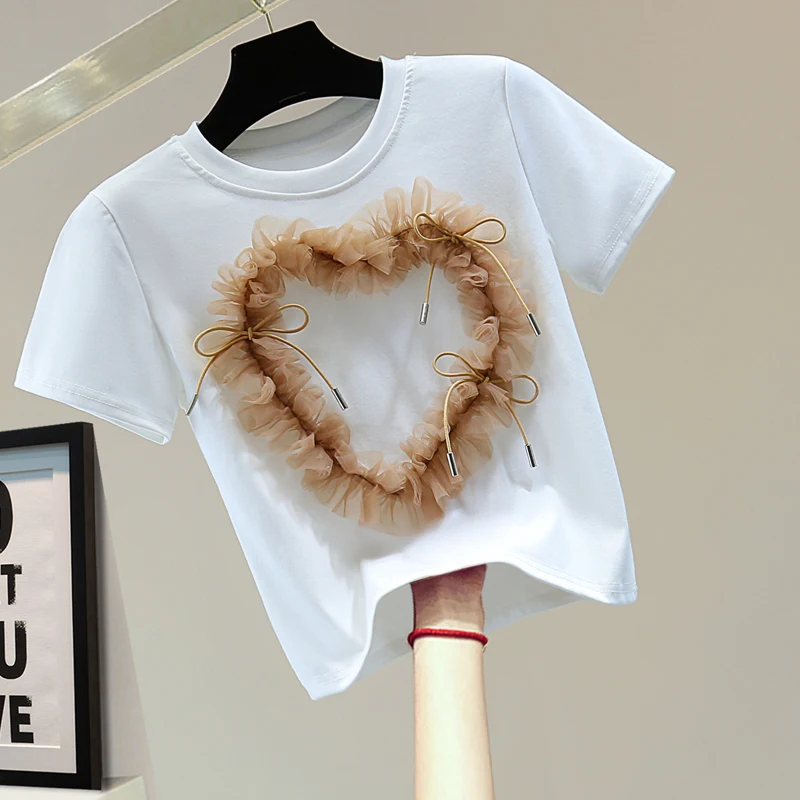 Love Bead Bow Short-Sleeved T-Shirt 2025 Summer New Korean Fashion Ruffled Stitching Solid Color Cotton Short Tops Tees Women
Love Bead Bow Short-Sleeved T-Shirt 2025 Summer New Korean Fashion Ruffled Stitching Solid Color Cotton Short Tops Tees Women
