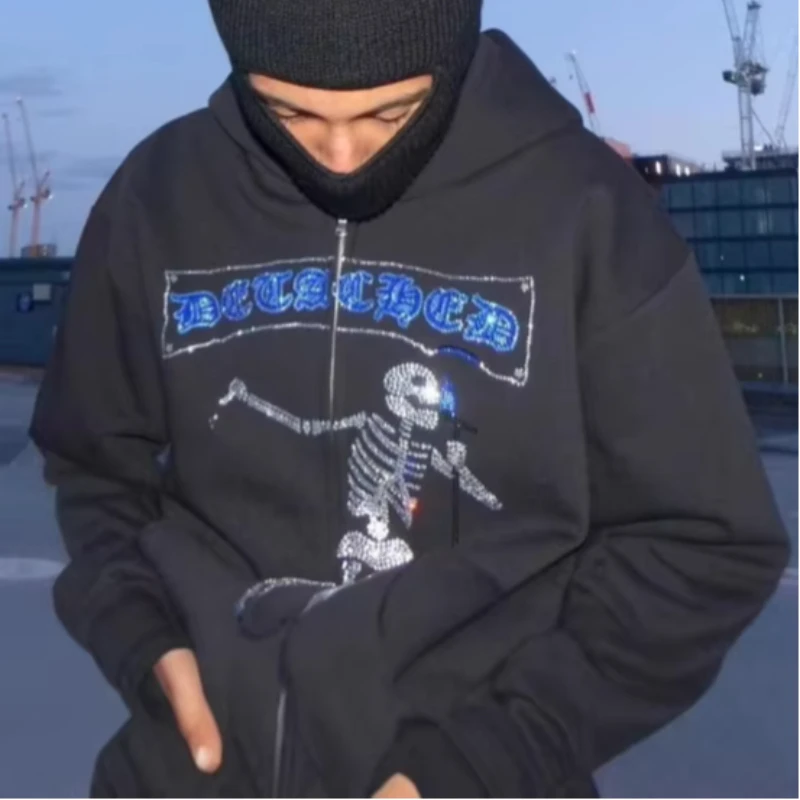 European and American dark skull hot stamping hooded top fashionable loose cardigan zipper casual hoodie for men's women's
European and American dark skull hot stamping hooded top fashionable loose cardigan zipper casual hoodie for men's women's