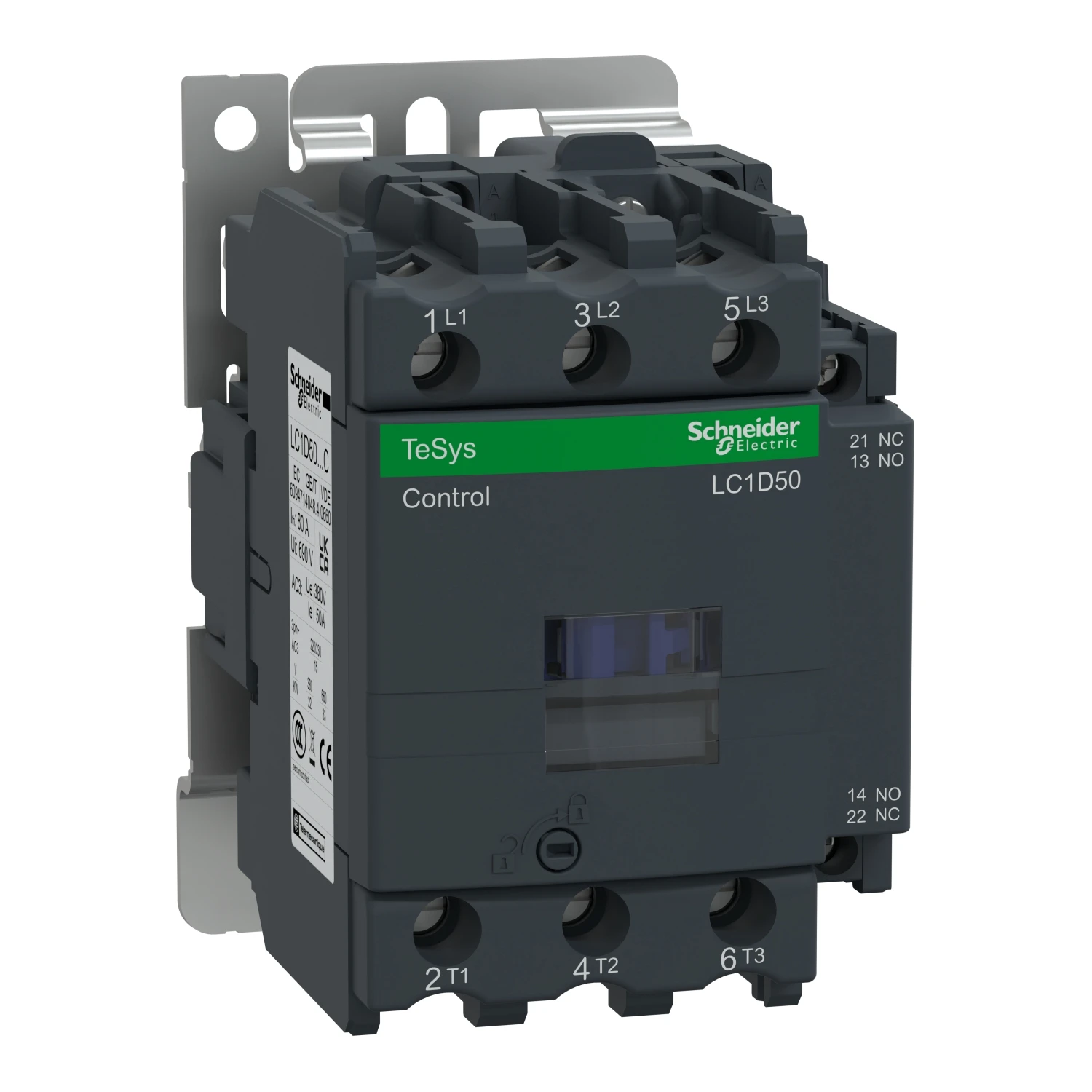 IEC contactor, TeSys D, nonreversing, 50A, 40HP at 480VAC, up to 100kA SCCR, 3 phase, 3 NO, 110VAC 50/60Hz LC1D50F7C LC1D50F7
IEC contactor, TeSys D, nonreversing, 50A, 40HP at 480VAC, up to 100kA SCCR, 3 phase, 3 NO, 110VAC 50/60Hz LC1D50F7C LC1D50F7