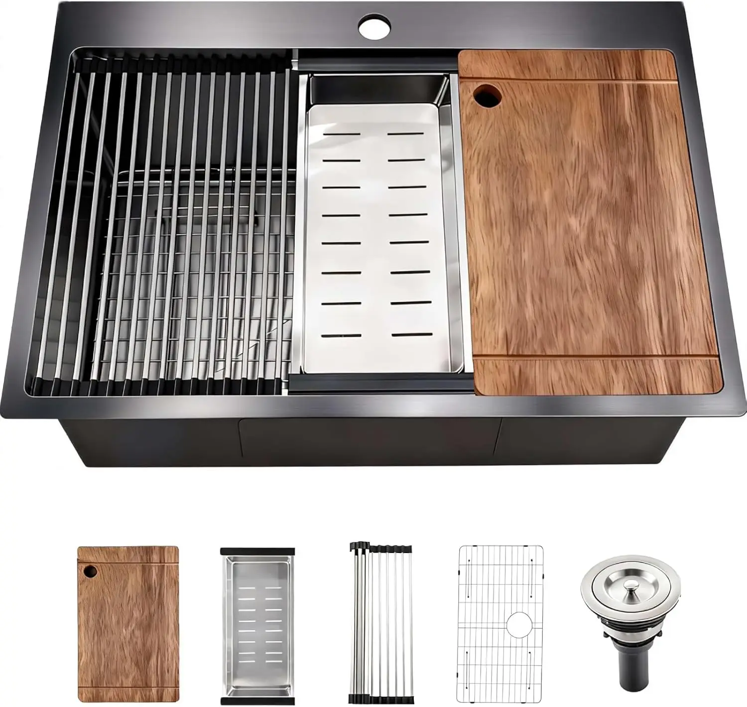 33 Inch Black Workstation Kitchen Sink, Stainless Steel Drop-In Single Bowl Sink, Topmount Farmhouse Sink for Kitchen & Laundry
33 Inch Black Workstation Kitchen Sink, Stainless Steel Drop-In Single Bowl Sink, Topmount Farmhouse Sink for Kitchen & Laundry
