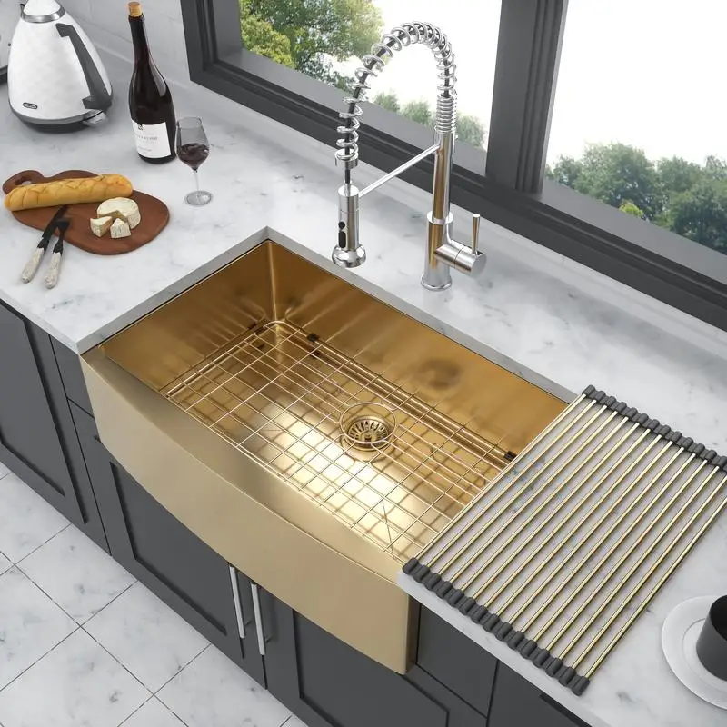 36" Stainless Steel Apron Front Kitchen Sink, 16-Gauge Gold Finish, Durable & Stylish Farmhouse Design
36" Stainless Steel Apron Front Kitchen Sink, 16-Gauge Gold Finish, Durable & Stylish Farmhouse Design