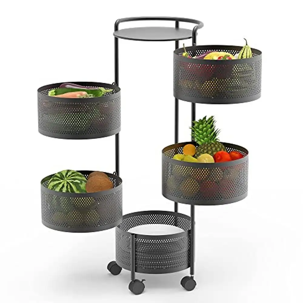 Rotating 5-Tier Metal Fruit Basket Kitchen Storage Rack Shelf Carts Rolling Wheels Grocery Vegetable Organizer
Rotating 5-Tier Metal Fruit Basket Kitchen Storage Rack Shelf Carts Rolling Wheels Grocery Vegetable Organizer