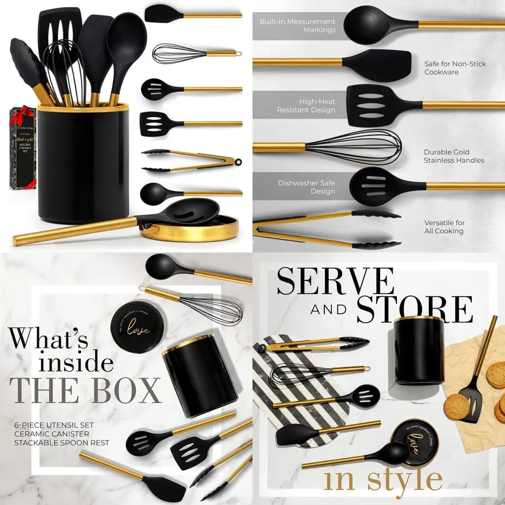 Силиконовые кухонные инструменты из 8 предметов с золотыми ручками, черный керамический держатель и подставка — термостойкий, с антипригарным покрытием, стильное хранилище
Силиконовые кухонные инструменты из 8 предметов с золотыми ручками, черный керамический держатель и подставка — термостойкий, с антипригарным покрытием, стильное хранилище