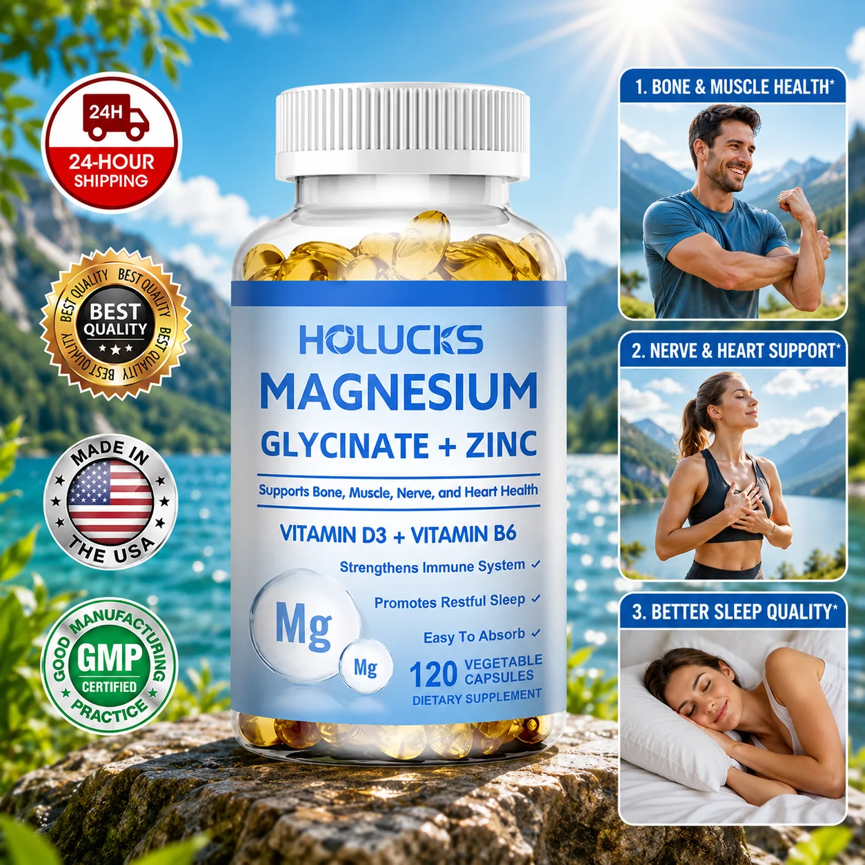 High Potency Glycinate Magnesium Zinc Vitamin D3 B6 Capsules, Support Bone Strength, Calm Mind, Sleep Cycle & Heart Health
High Potency Glycinate Magnesium Zinc Vitamin D3 B6 Capsules, Support Bone Strength, Calm Mind, Sleep Cycle & Heart Health