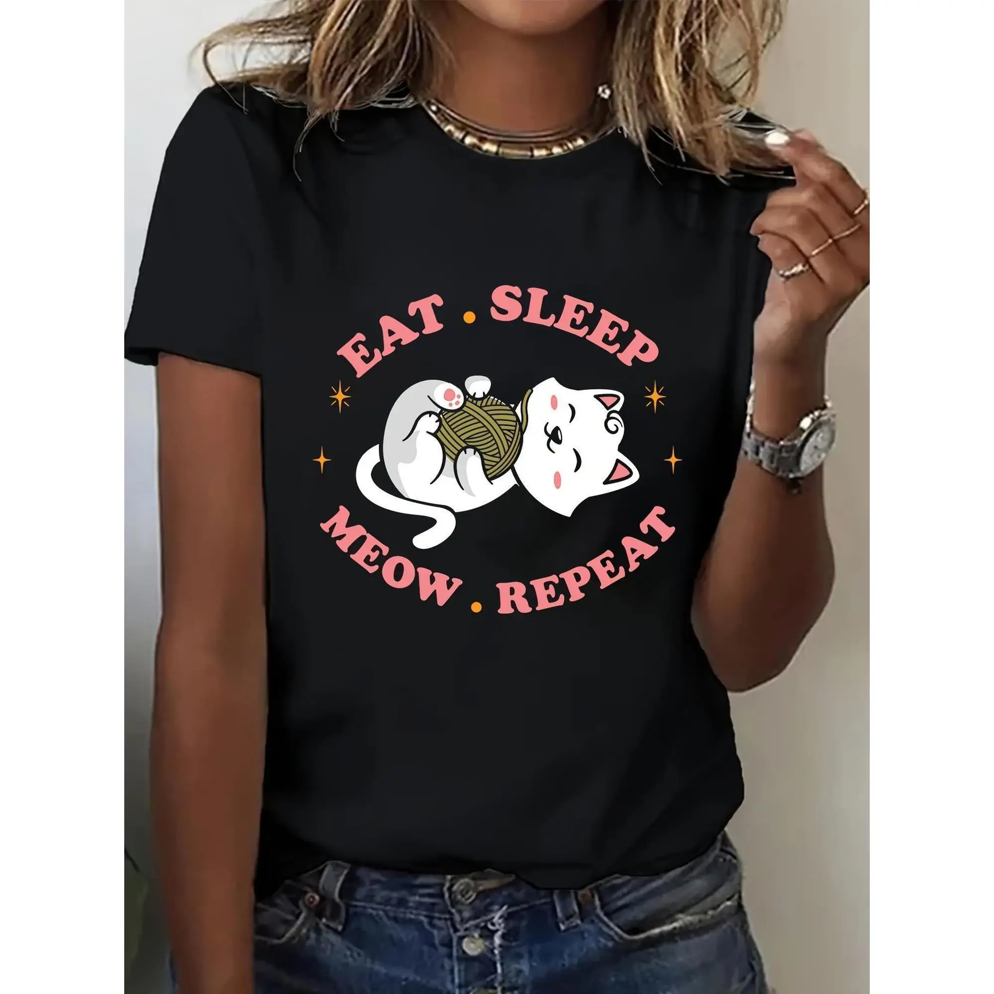Eat Sleep Meow Repeat T-Shirt Women Funny Cute Cat Graphic Tee Pet Lover Casual Gift Top Animal Theme
Eat Sleep Meow Repeat T-Shirt Women Funny Cute Cat Graphic Tee Pet Lover Casual Gift Top Animal Theme