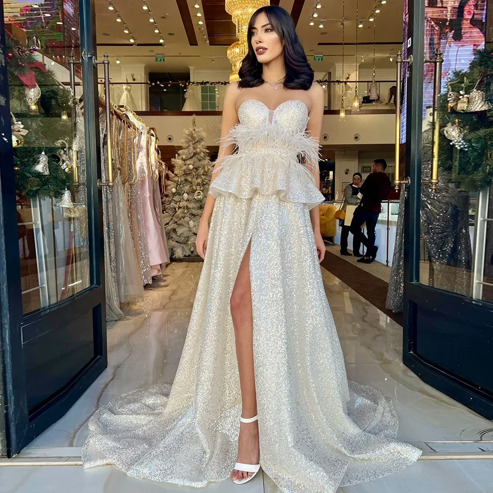 Customized Strapless Evening Dresses Sparkle Sweetheart Feather A-Line Ball Gowns Sexy Side Sleeveless Party Dress High Quality
Customized Strapless Evening Dresses Sparkle Sweetheart Feather A-Line Ball Gowns Sexy Side Sleeveless Party Dress High Quality