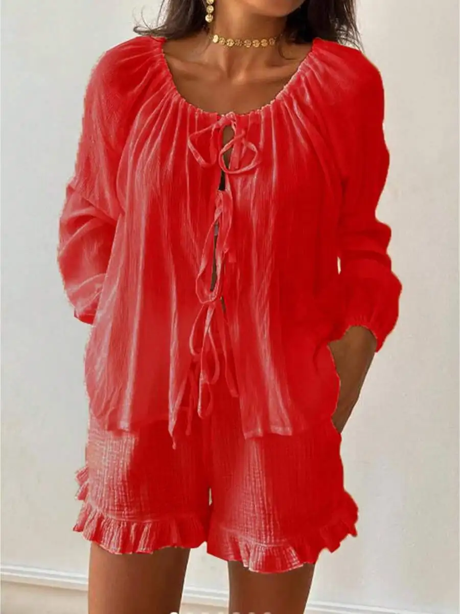 Women Red Solid Color Lace-Up Scoop Neck Long Sleeve Pajama Set With Ruffled Shorts
Women Red Solid Color Lace-Up Scoop Neck Long Sleeve Pajama Set With Ruffled Shorts