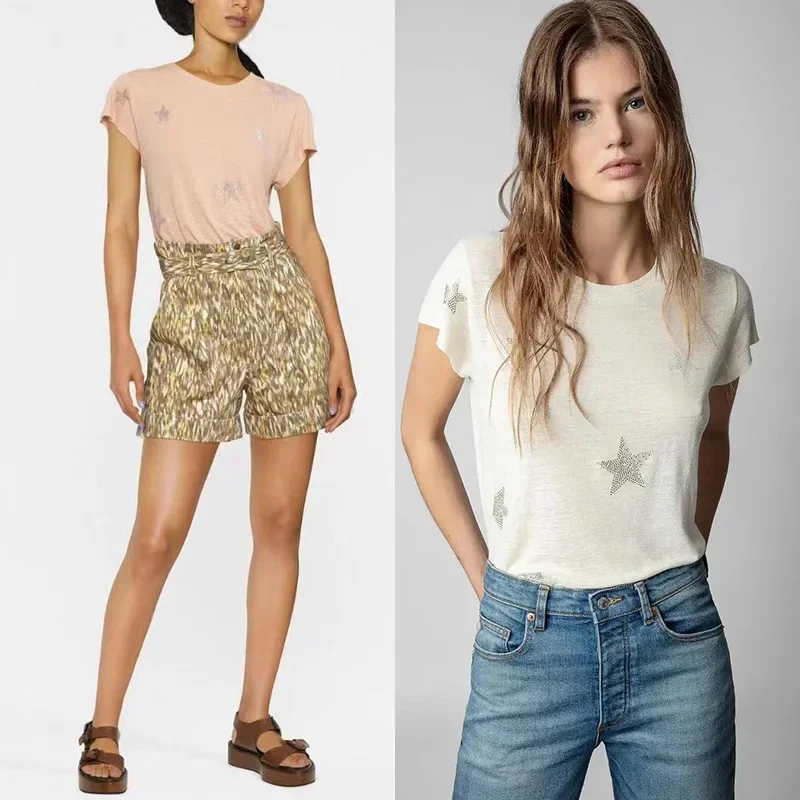 Spring and Summer New French Niche ZV Star Pattern Hot Drill Linen Round Neck Women's Short-sleeved T-shirt Two Colors
Spring and Summer New French Niche ZV Star Pattern Hot Drill Linen Round Neck Women's Short-sleeved T-shirt Two Colors