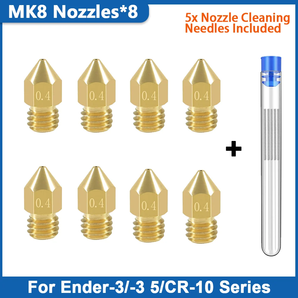 8Pcs 0.4mm MK8 Extruder Nozzles 3D Printer Nozzles for Creality Ender 3/3 Pro/3 V2, Ender 5/5 Pro, CR-10/10S, 3D Printer Nozzle
8Pcs 0.4mm MK8 Extruder Nozzles 3D Printer Nozzles for Creality Ender 3/3 Pro/3 V2, Ender 5/5 Pro, CR-10/10S, 3D Printer Nozzle