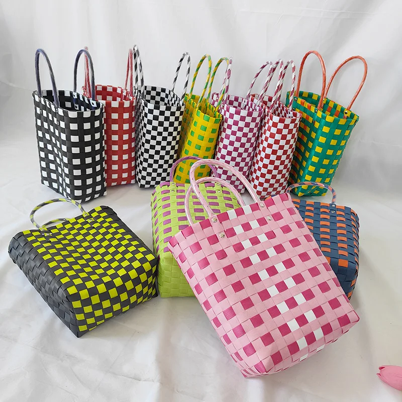 Color-Block Long Tube Woven Plastic Hand Basket Square Vegetable Basket Tote Bag Women's Universal Fashion Spring Season
Color-Block Long Tube Woven Plastic Hand Basket Square Vegetable Basket Tote Bag Women's Universal Fashion Spring Season