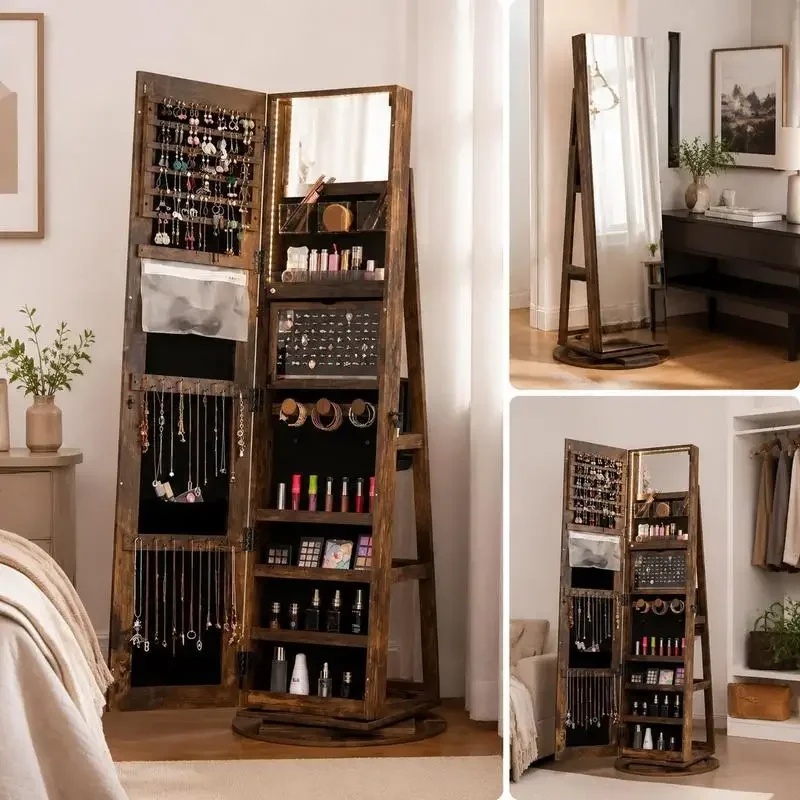 360 Degree Rotating Jewelry Armoire, MDF Storage Cabinet with Lock, Full Length Mirror and 3-Color LED Lights, Folding Makeup Table, Large Capacity Organizer for Home or Shop, Brown
360 Degree Rotating Jewelry Armoire, MDF Storage Cabinet with Lock, Full Length Mirror and 3-Color LED Lights, Folding Makeup Table, Large Capacity Organizer for Home or Shop, Brown