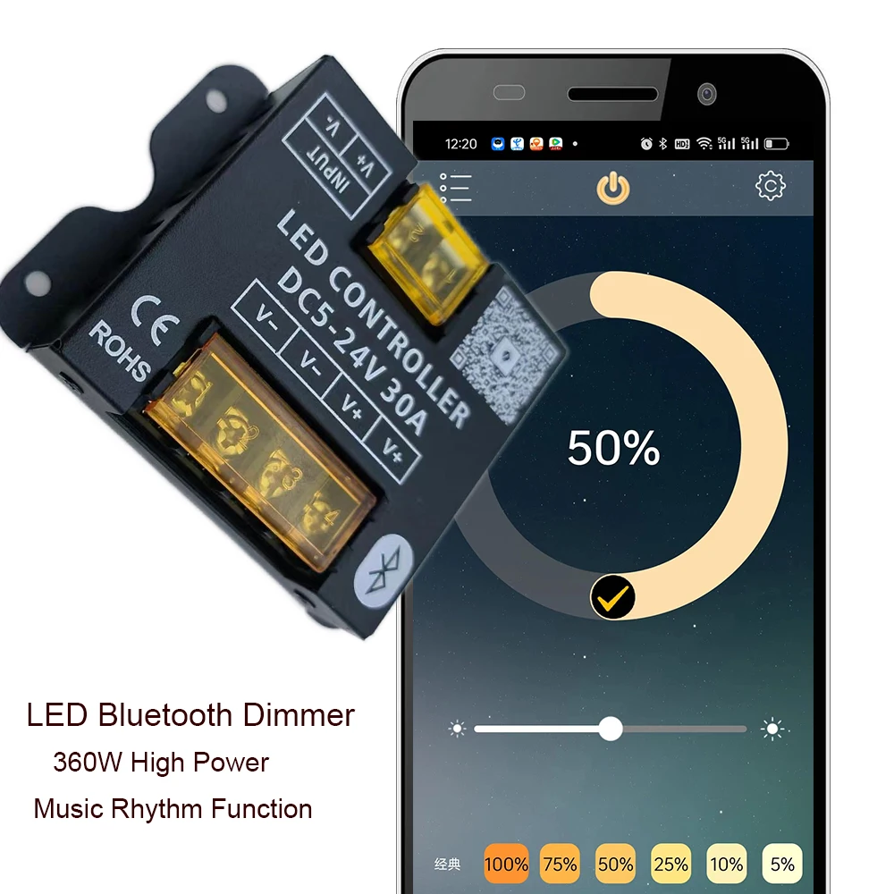 DC12-24V 30A 360W Приложение для мобильного телефона Bluetooth-соединение Контроллер светодиодной ленты Диммер с RF Touch Пульт дистанционного управления Использование для светодиодного освещения
DC12-24V 30A 360W Приложение для мобильного телефона Bluetooth-соединение Контроллер светодиодной ленты Диммер с RF Touch Пульт дистанционного управления Использование для светодиодного освещения
