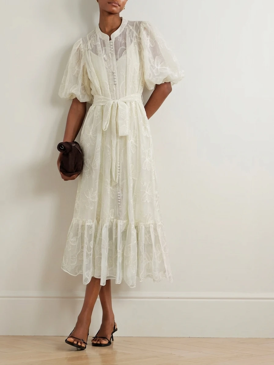 Women Embroidery Lace Midi Dress Puff Sleeve Tie Waist Ruffle Hem Boho Floral A-Line Dress Ivory White Summer Vacation Party
Women Embroidery Lace Midi Dress Puff Sleeve Tie Waist Ruffle Hem Boho Floral A-Line Dress Ivory White Summer Vacation Party