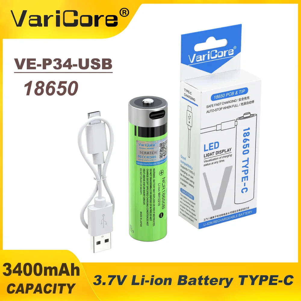 VariCore VE-P34-USB 18650 Цветная коробка TYPE-C USB-кабель 3,7 В 3400 мАч Перезаряжаемая литиевая батарея с питанием от фонарика
VariCore VE-P34-USB 18650 Цветная коробка TYPE-C USB-кабель 3,7 В 3400 мАч Перезаряжаемая литиевая батарея с питанием от фонарика