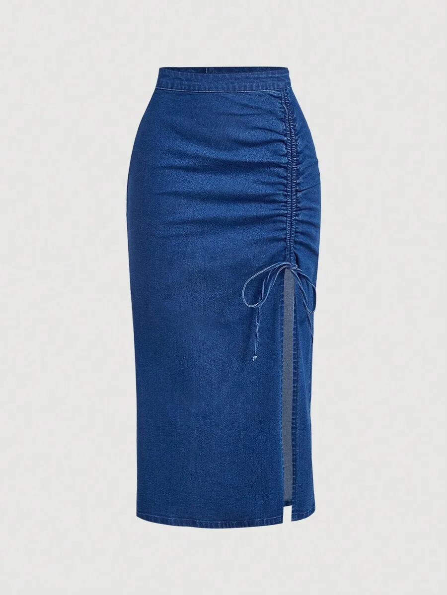Women's Solid Blue Denim Midi Skirt with Side Ruched Drawstring Detail
Women's Solid Blue Denim Midi Skirt with Side Ruched Drawstring Detail