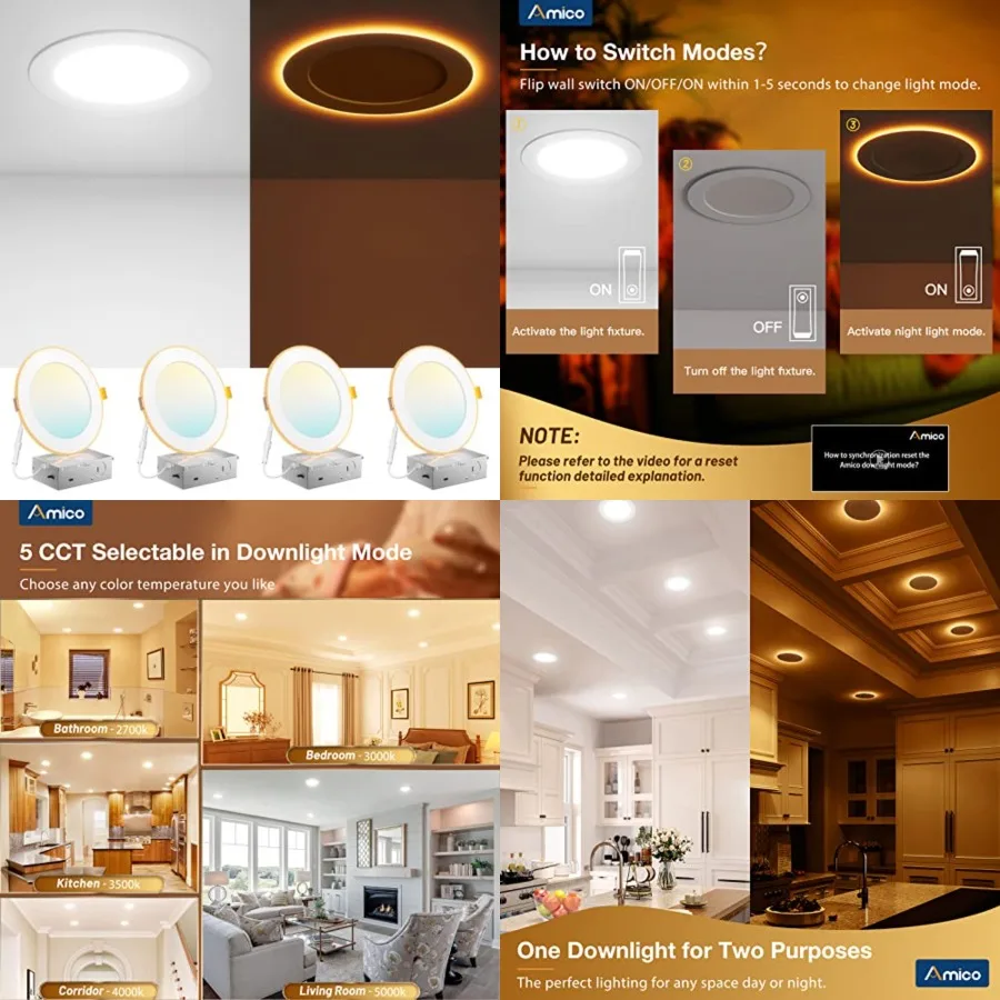 4 Pack 6 Inch 5CCT LED Recessed Ceiling Light with Night Light, 2700K/3000K/3500K/4000K/5000K Selectable Ultra-Thin Recessed Li
4 Pack 6 Inch 5CCT LED Recessed Ceiling Light with Night Light, 2700K/3000K/3500K/4000K/5000K Selectable Ultra-Thin Recessed Li