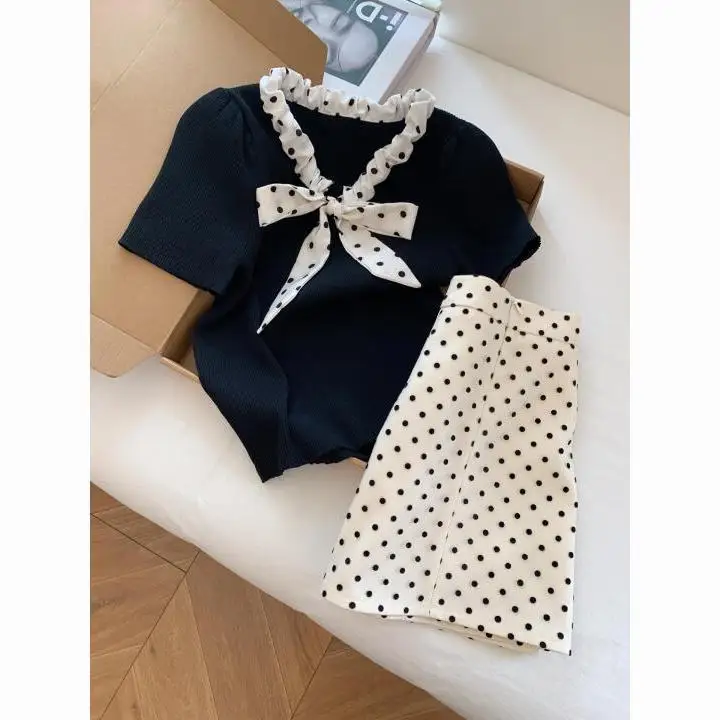 Korean Fashion Summer Women Two Piece Skirt Sets Bow Tie Collar Short Sleeve Knitted Tops + High Waist A Line Polka Dot Skirt
Korean Fashion Summer Women Two Piece Skirt Sets Bow Tie Collar Short Sleeve Knitted Tops + High Waist A Line Polka Dot Skirt