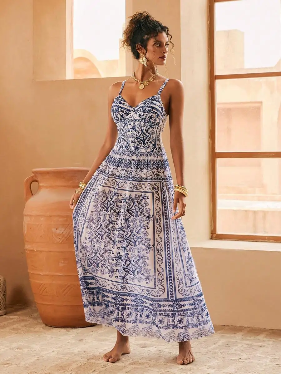 Blue And White Paisley Print Maxi Dress For Women Summer Beach Vacation
Blue And White Paisley Print Maxi Dress For Women Summer Beach Vacation
