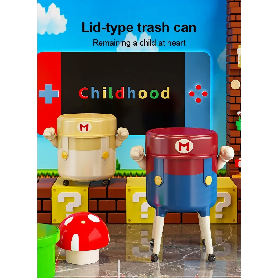 Trash can, cute cartoon design, large-capacity trash can with feet and universal wheels, no bending design
Trash can, cute cartoon design, large-capacity trash can with feet and universal wheels, no bending design