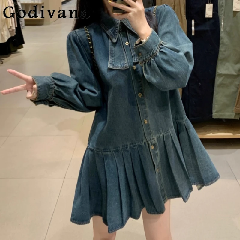 Spring Plus Size Bow Polo Neck Loose Long Sleeve Fashion Denim Dress Girls Retro Versatile College Age Reduction Pleated Dresses
Spring Plus Size Bow Polo Neck Loose Long Sleeve Fashion Denim Dress Girls Retro Versatile College Age Reduction Pleated Dresses