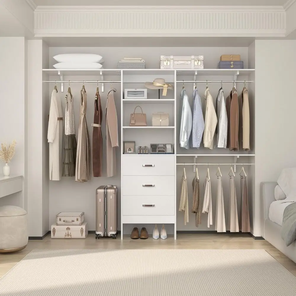 96 White 8-Tier Wood Closet Organizer with 3 Hanging Rods and Shelving Tower
96 White 8-Tier Wood Closet Organizer with 3 Hanging Rods and Shelving Tower