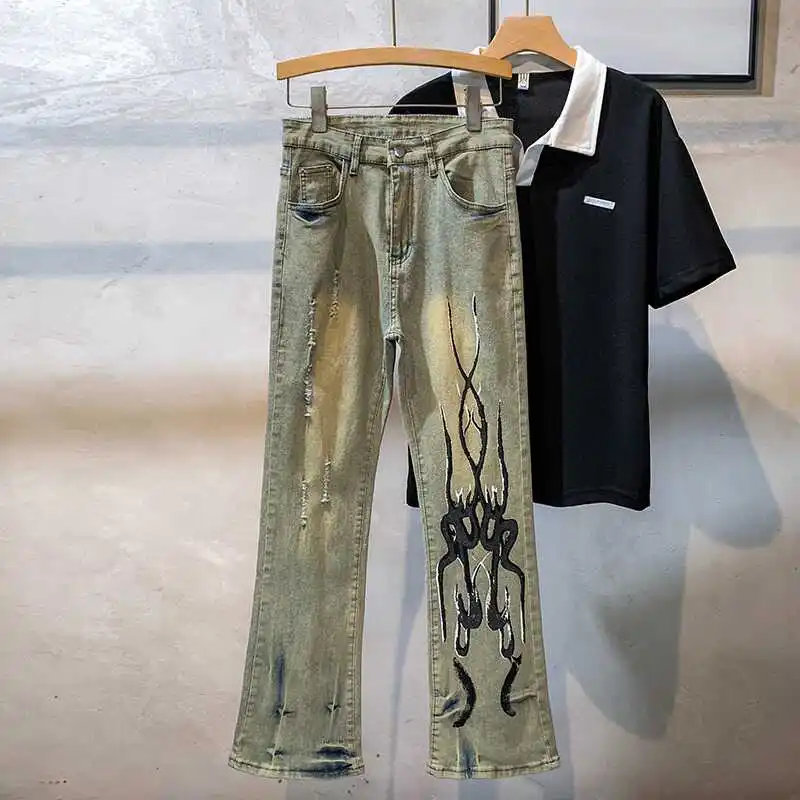 Heavyweight Straight Leg Slimming Flame Print Hole Dragging Jeans Men Women Washed Vintage Bell Bottoms Casual Denim Trousers
Heavyweight Straight Leg Slimming Flame Print Hole Dragging Jeans Men Women Washed Vintage Bell Bottoms Casual Denim Trousers