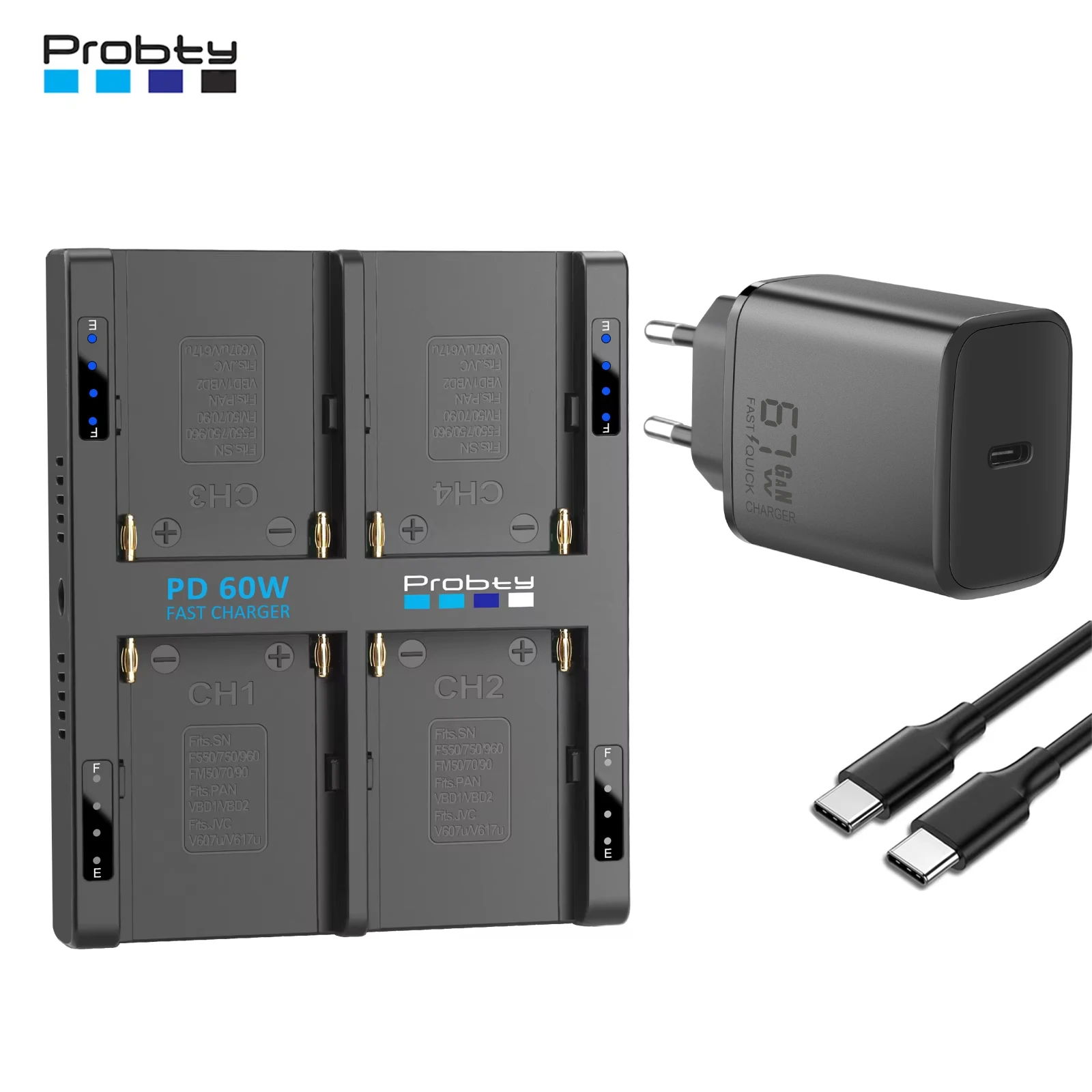 4-канальное быстрое зарядное устройство NP-F Probty с вилкой питания PD 67 Вт, для аккумулятора Sony NP-F550 F570 F750 F770 F930 F950 F960 F970
4-канальное быстрое зарядное устройство NP-F Probty с вилкой питания PD 67 Вт, для аккумулятора Sony NP-F550 F570 F750 F770 F930 F950 F960 F970